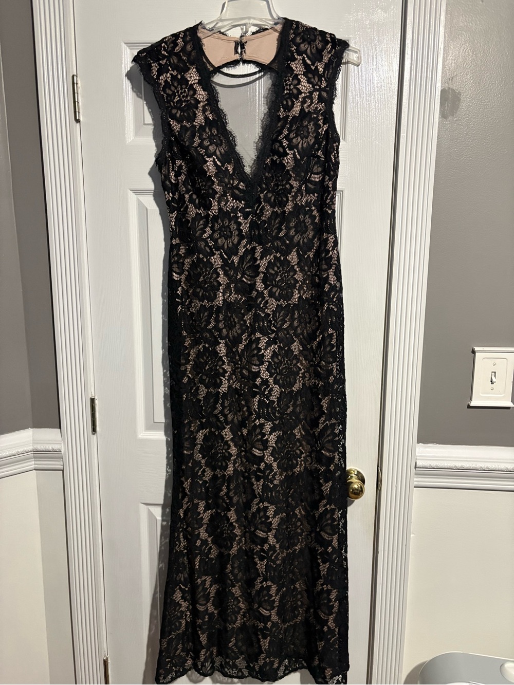 Betsy & Adam Black Lace Maxi Dress with Nude Lining